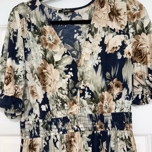 Wishlist Blue and Tan Floral Smocked Maxi Dress